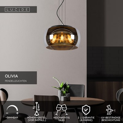 Lucide OLIVIA - Pendelleuchten - Ø 40 cm - 3xE27 - Rauchfarbe Grau